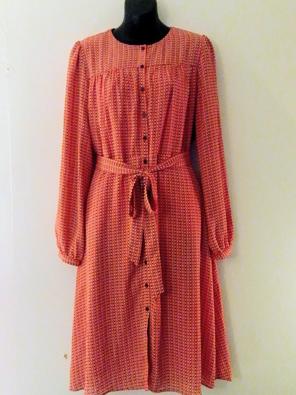 Banana Republic Coral Geometric Button-Front Long Sleeve Dress, Women's 14